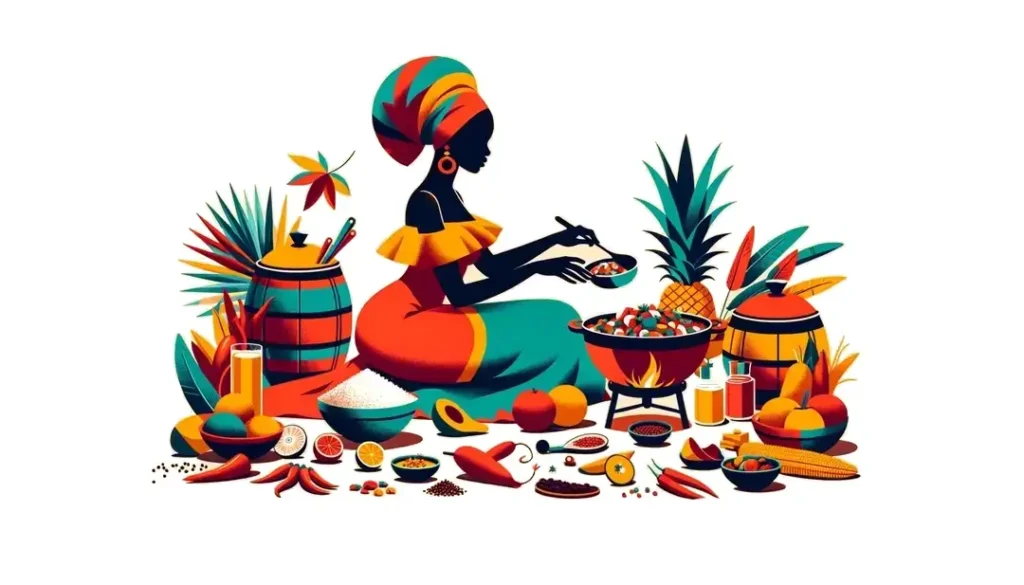 Mujer preparando un plato caribeño tradicional en un ambiente festivo