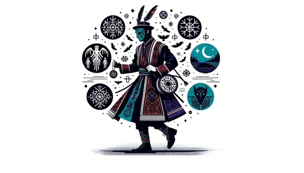 Ilustración minimalista de una mascarada tradicional de Gasconha con un personaje en disfraz típico y máscaras históricas