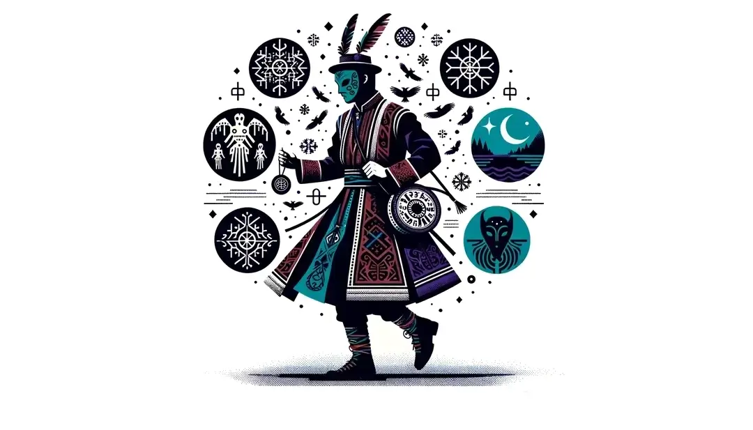 Ilustración minimalista de una mascarada tradicional de Gasconha con un personaje en disfraz típico y máscaras históricas