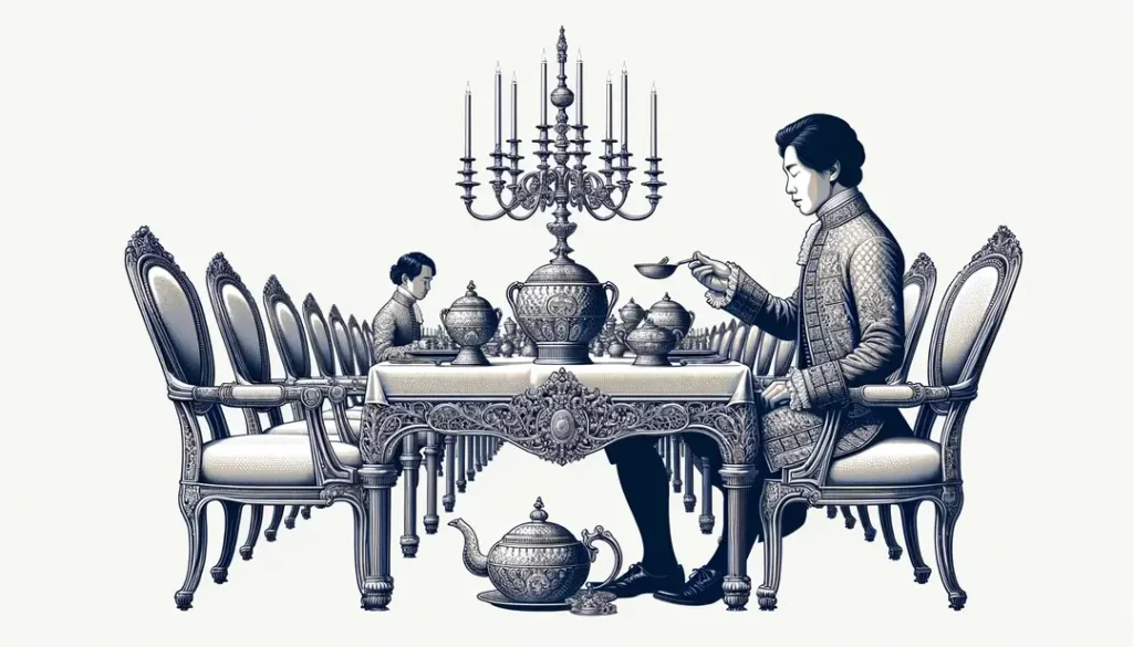 Ilustración minimalista de una escena de la corte francesa del siglo XVII
