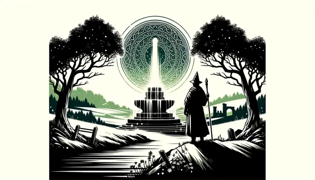 Imagen de la Fontaine de Barenton en el bosque de Broceliande con un druida celta observando el entorno mágico