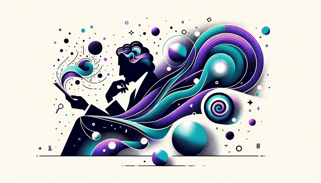Ilustración minimalista del filósofo francés Henri Bergson explorando conceptos de tiempo y conciencia
