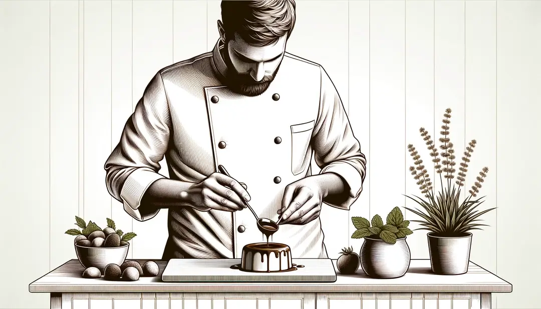 Michel Bras en una cocina contemporánea sirviendo un postre de chocolate con centro líquido