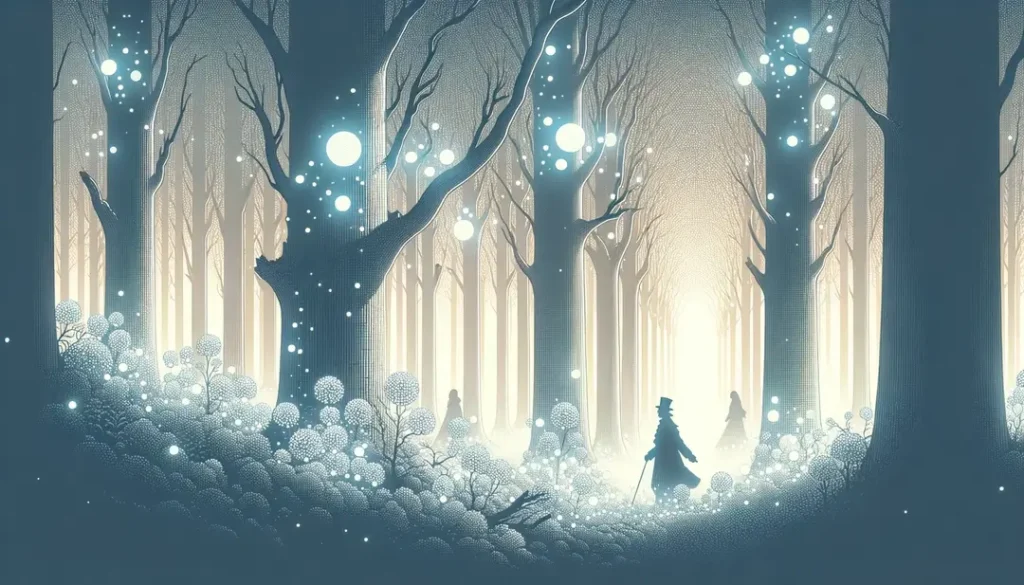 Ilustración del bosque mágico Bois des Failles con luces etéreas y figura histórica