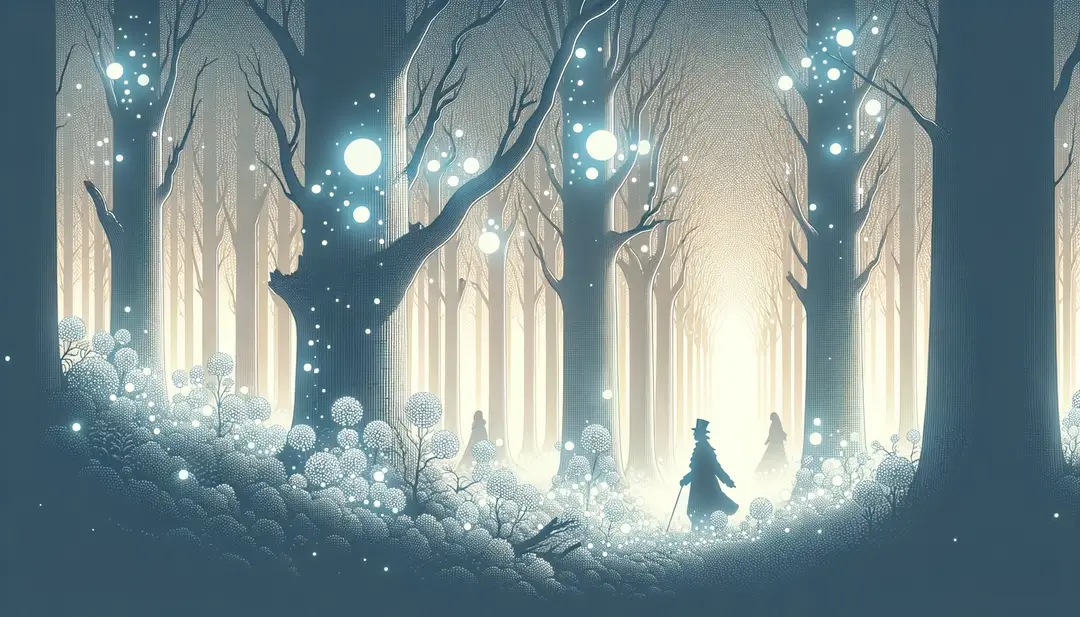 Ilustración del bosque mágico Bois des Failles con luces etéreas y figura histórica