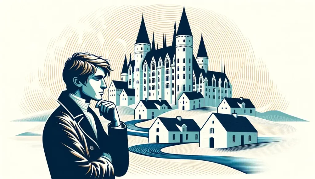 Retrato de Pierre Plantard frente a un castillo medieval rodeado de misterio histórico