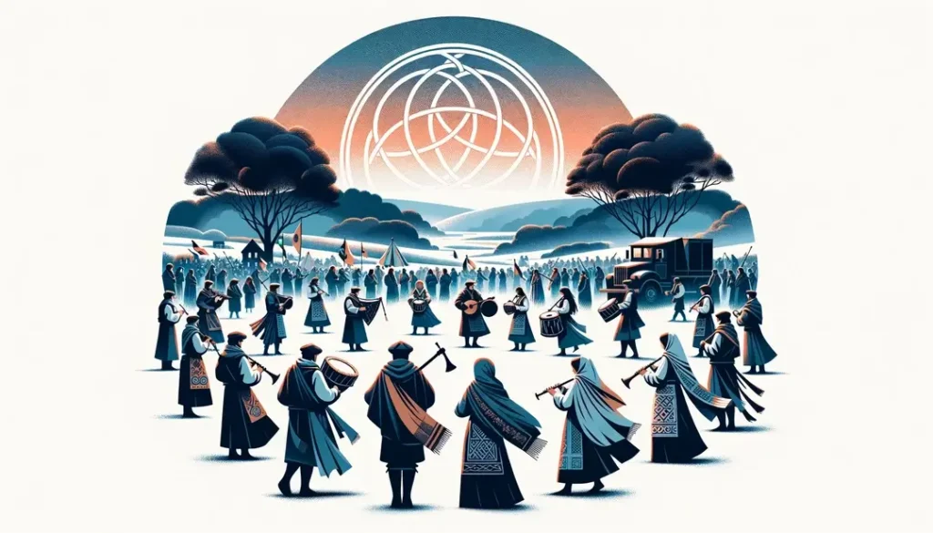 Ilustración de un festival celta con músicos bretones tocando instrumentos ancestrales bajo un cielo crepuscular