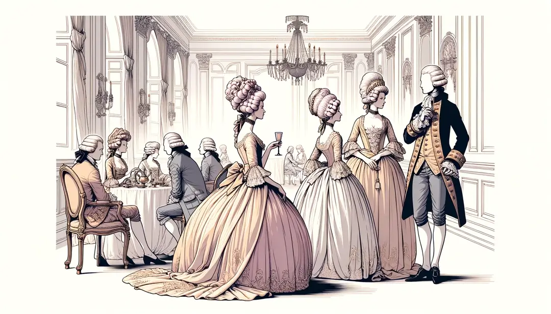 Salón francés del siglo XVIII con figuras elegantes en vestidos a la francesa y pelucas empolvadas