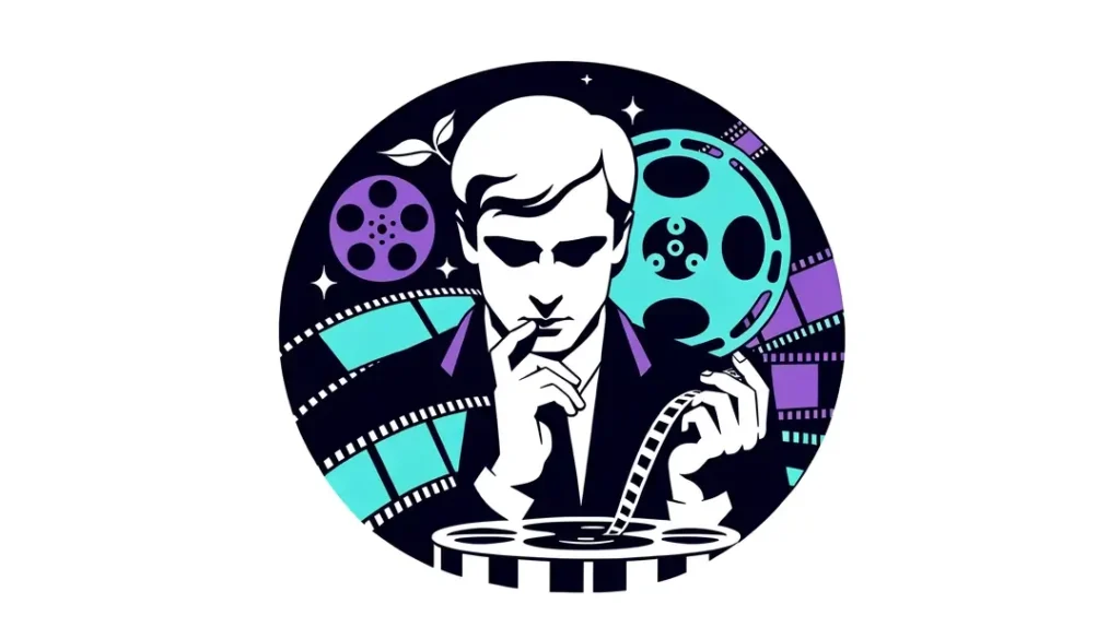 Ilustración minimalista de una figura humana interactuando con un carrete de película en homenaje al montaje vanguardista de Jean-Luc Godard