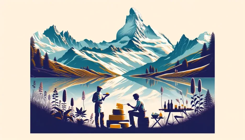 Ilustración minimalista de un paisaje alpino en Saboya con el Mont Blanc y una persona francesa disfrutando de una cata de quesos