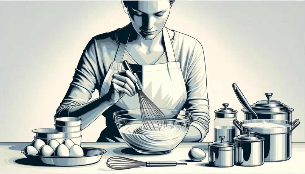 Ilustración de una persona francesa batiendo crema y claras de huevo en una cocina minimalista