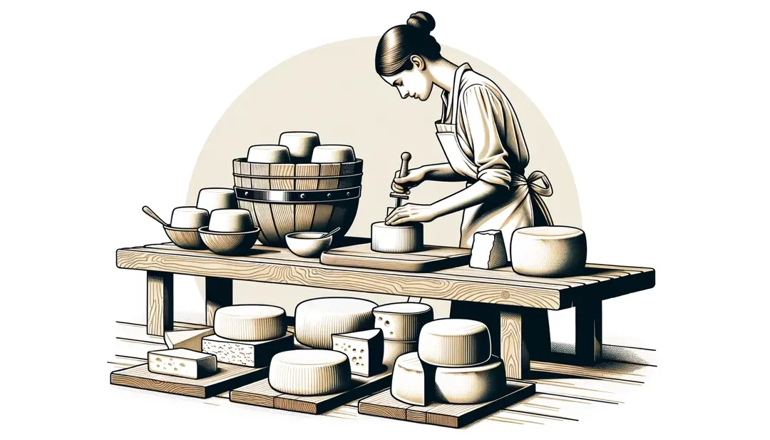Imagen de una quesera francesa moldeando quesos tradicionales