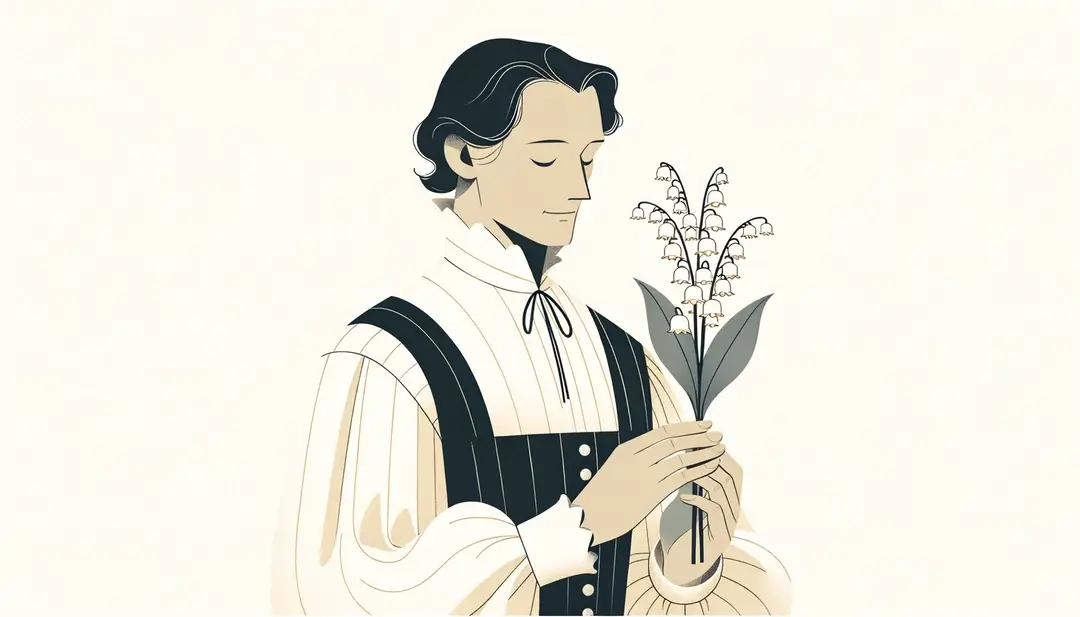Ilustración minimalista de una persona del Renacimiento sosteniendo un ramo de lirio de los valles