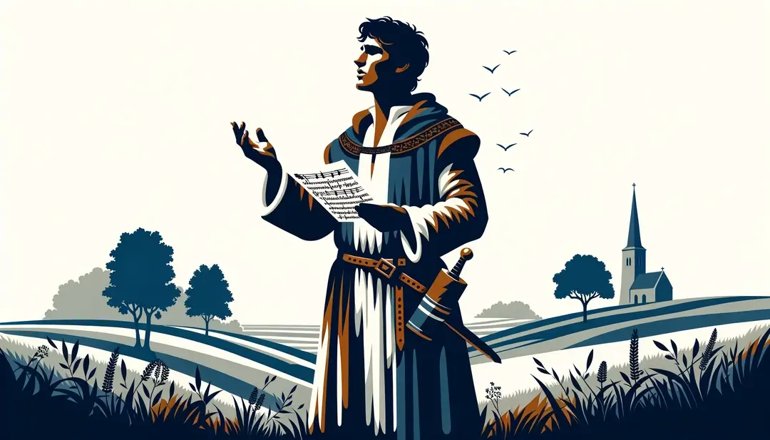 Ilustración de un trovador medieval francés recitando epopeyas heroicas