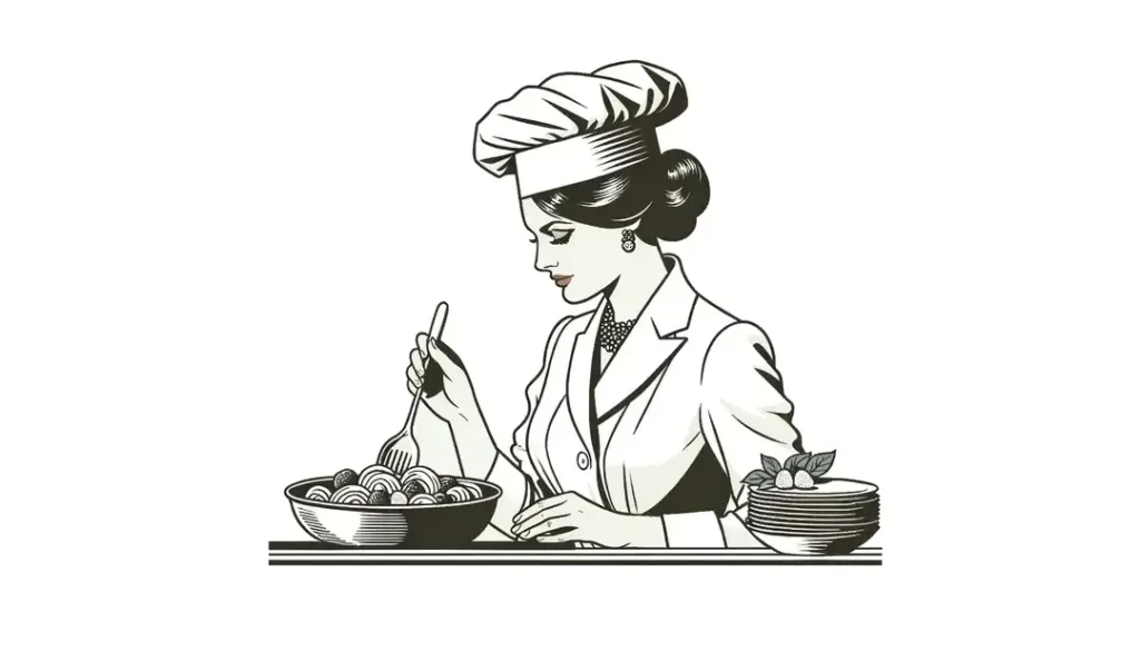 Ilustración minimalista de una chef italiana en una cocina preparando un plato gourmet