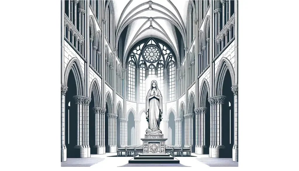 Ilustración minimalista de la Virgen María en una catedral gótica del siglo XIII en Normandía