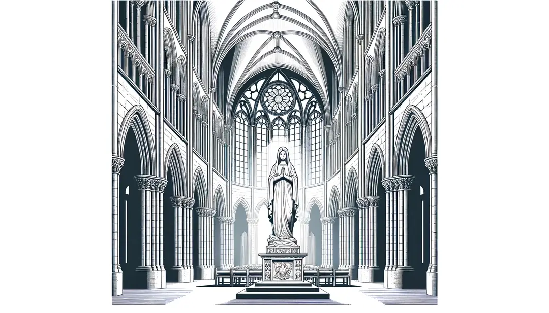Ilustración minimalista de la Virgen María en una catedral gótica del siglo XIII en Normandía