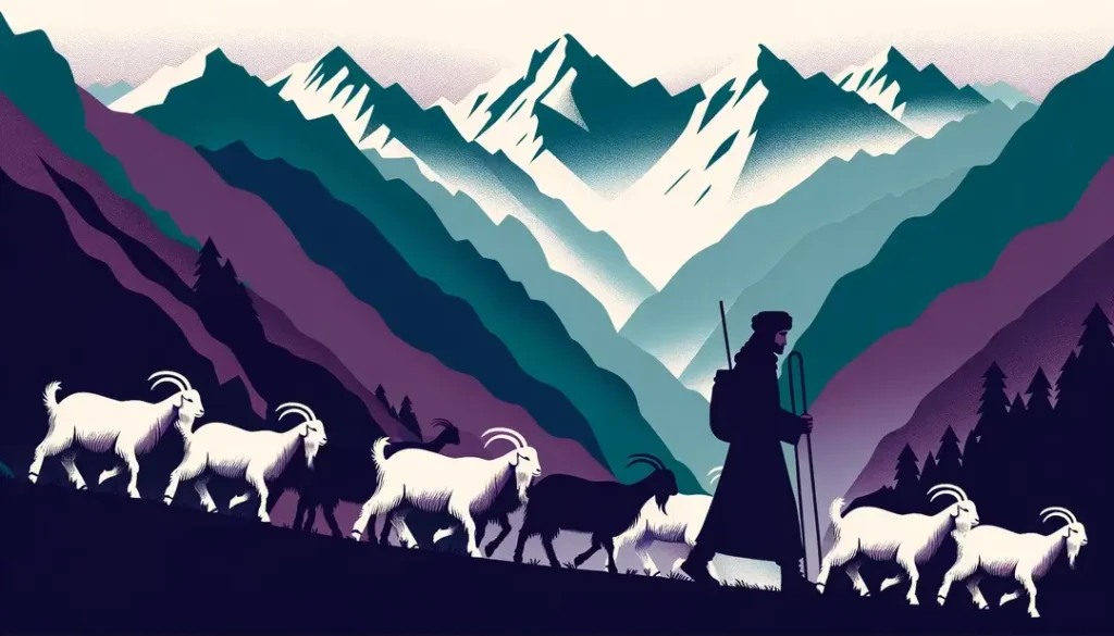 Ilustración minimalista de una figura humana guiando cabras en un paisaje montañoso durante las festividades en los Alpes franceses