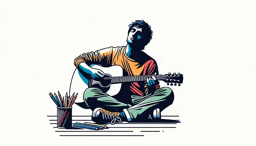 Ilustración minimalista de un músico francés de los años 90 tocando guitarra