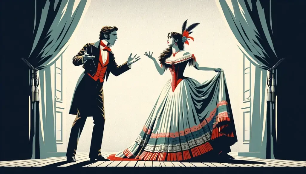 Escena de duetos teatrales en un teatro provincial francés del siglo XIX