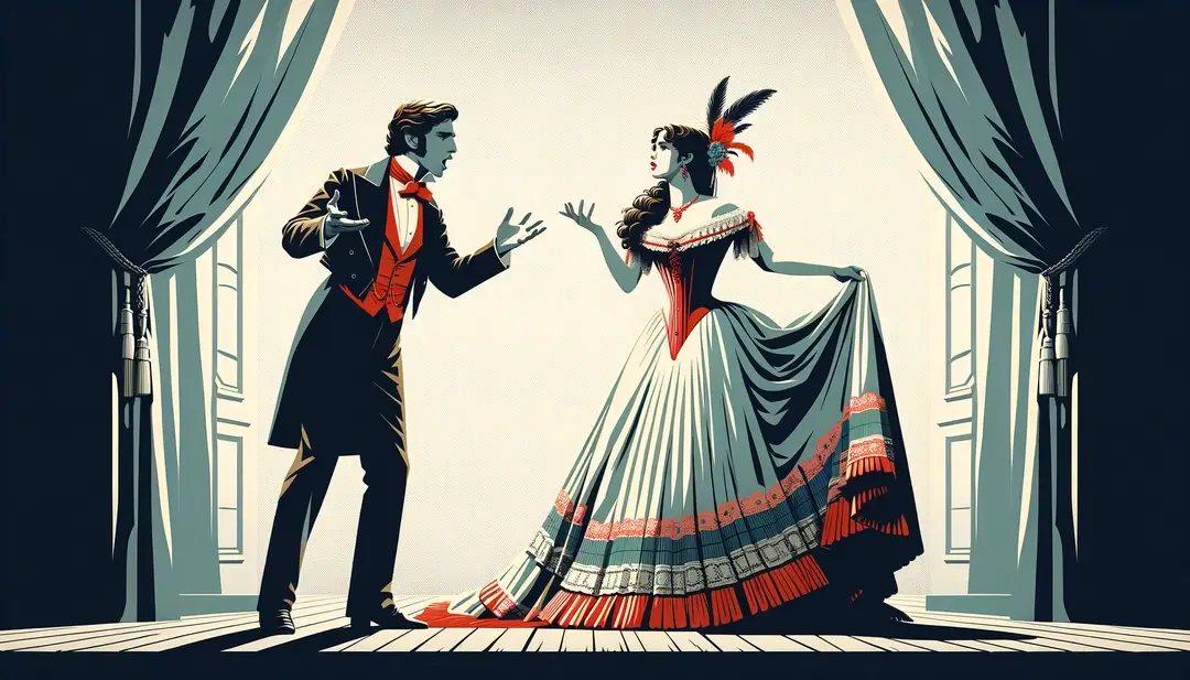 Escena de duetos teatrales en un teatro provincial francés del siglo XIX