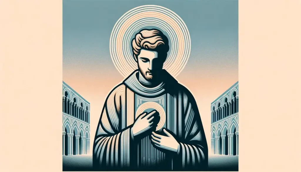 Ilustración minimalista de Saint Rigomer realizando un milagro en la era medieval