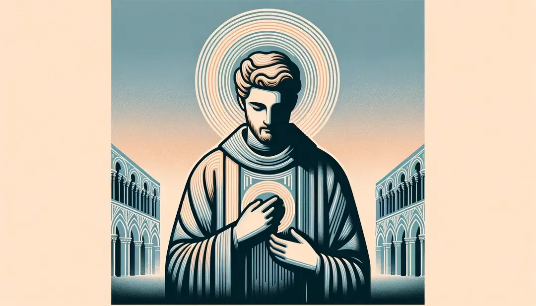 Ilustración minimalista de Saint Rigomer realizando un milagro en la era medieval