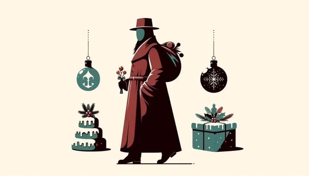 Ilustración minimalista de Père Noël en Navidad francesa con Bûche de Noël y luces navideñas