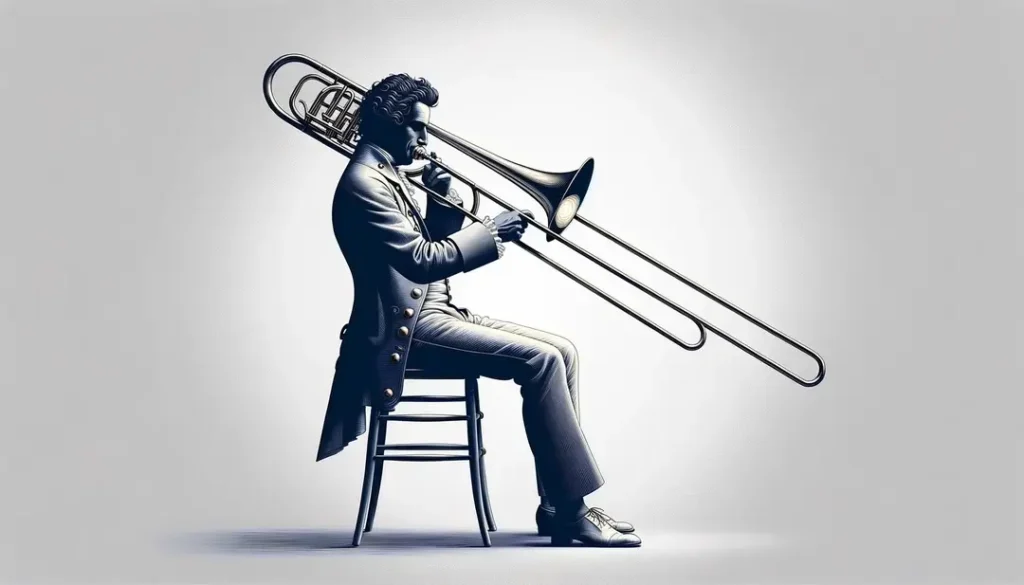 Imagen de un músico francés del siglo XVII tocando el trombón con su coulisse característica