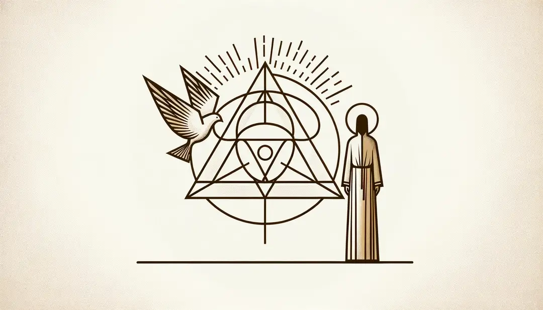 Ilustración minimalista simbolizando la Trinidad con figuras históricas de la teología cristiana