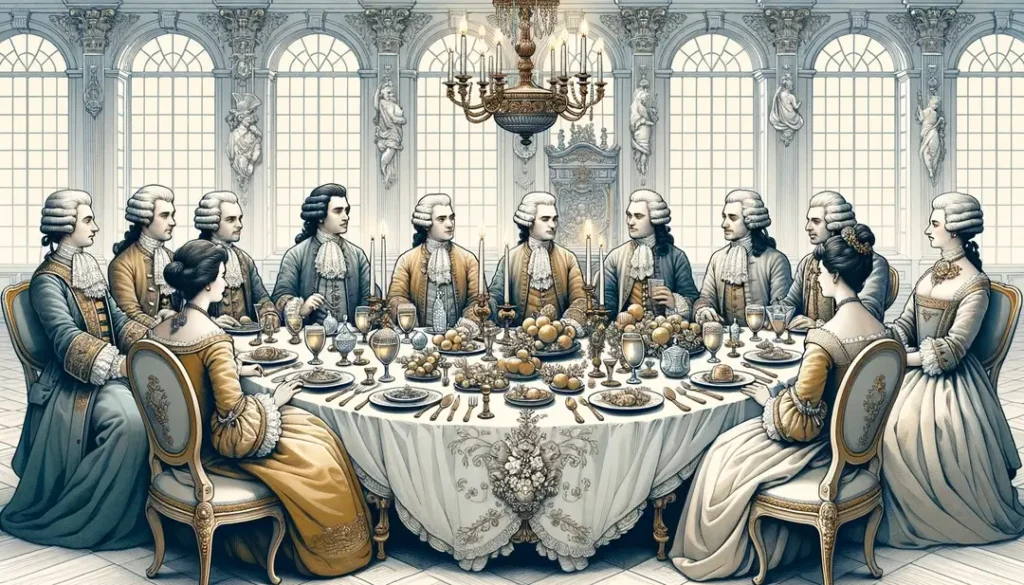 Ilustración de un banquete en la corte francesa del siglo XVII mostrando un servicio a la francesa con aristócratas en un ambiente elegante