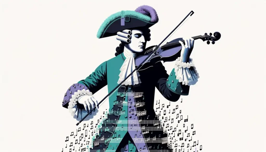 Ilustración de un compositor del siglo XVII en Francia tocando la viola da gamba en una corte