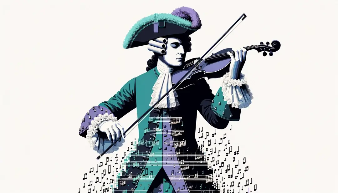 Ilustración de un compositor del siglo XVII en Francia tocando la viola da gamba en una corte