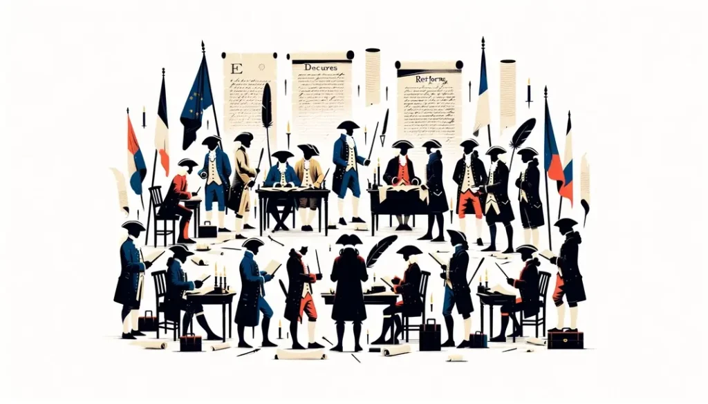 Representación de la asamblea francesa discutiendo reformas cruciales en 1789
