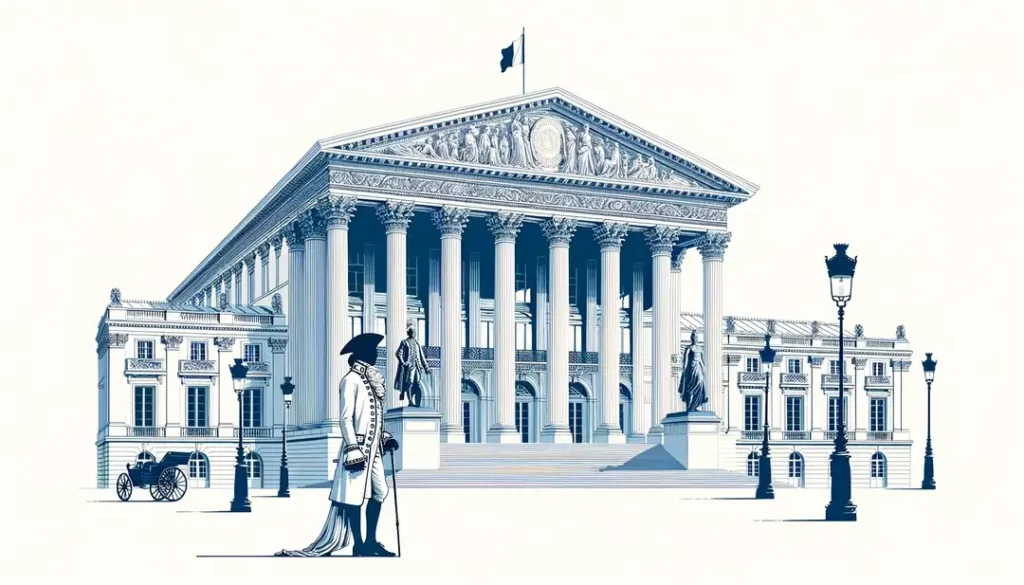 Imagen del Palais de l'Élysée con arquitectura neoclásica y figura aristocrática del siglo XVIII