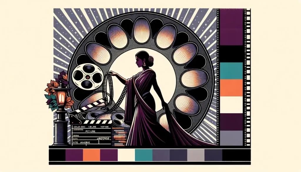 Ilustración minimalista que representa la industria cinematográfica francesa con un fondo blanco y figura humana interactuando con grandes carretes de película