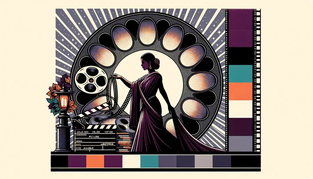 Ilustración minimalista que representa la industria cinematográfica francesa con un fondo blanco y figura humana interactuando con grandes carretes de película