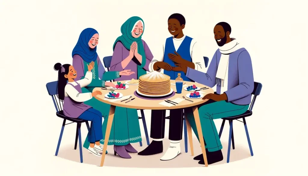 Familia reunida alrededor de crêpes durante la Chandeleur