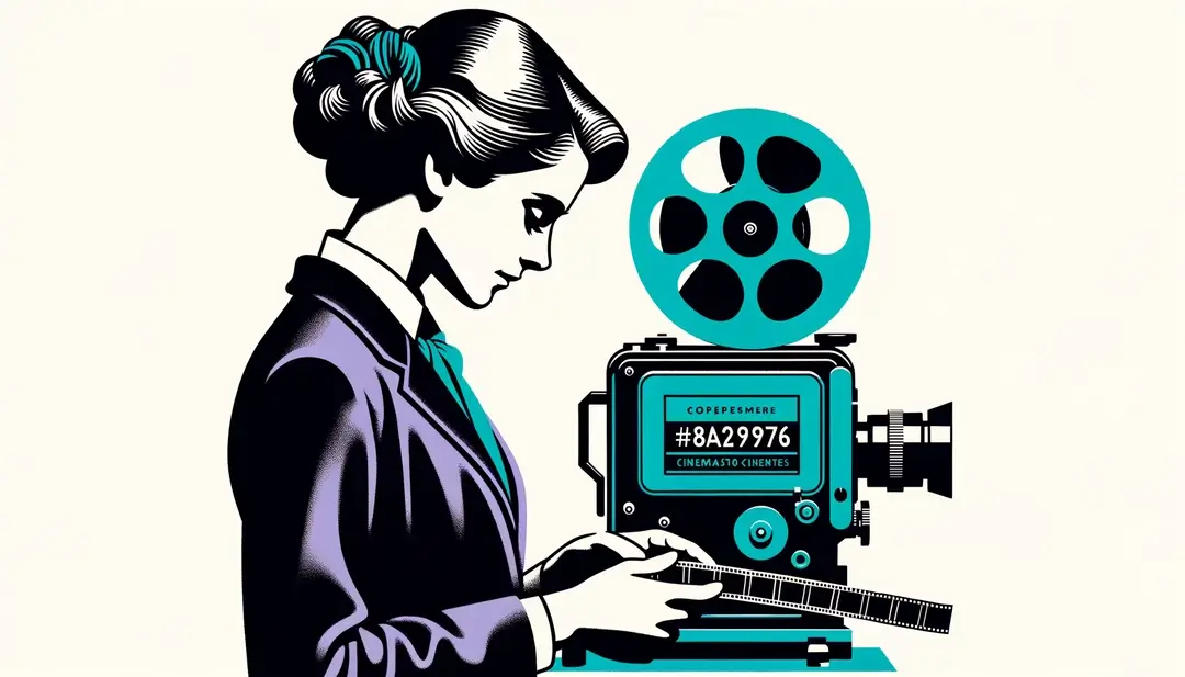 Ilustración minimalista de una figura humana interactuando con elementos de la herencia cinematográfica francesa
