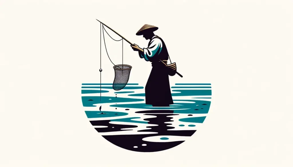 Ilustración minimalista de una figura humana interactuando con prácticas pesqueras mediterráneas tradicionales