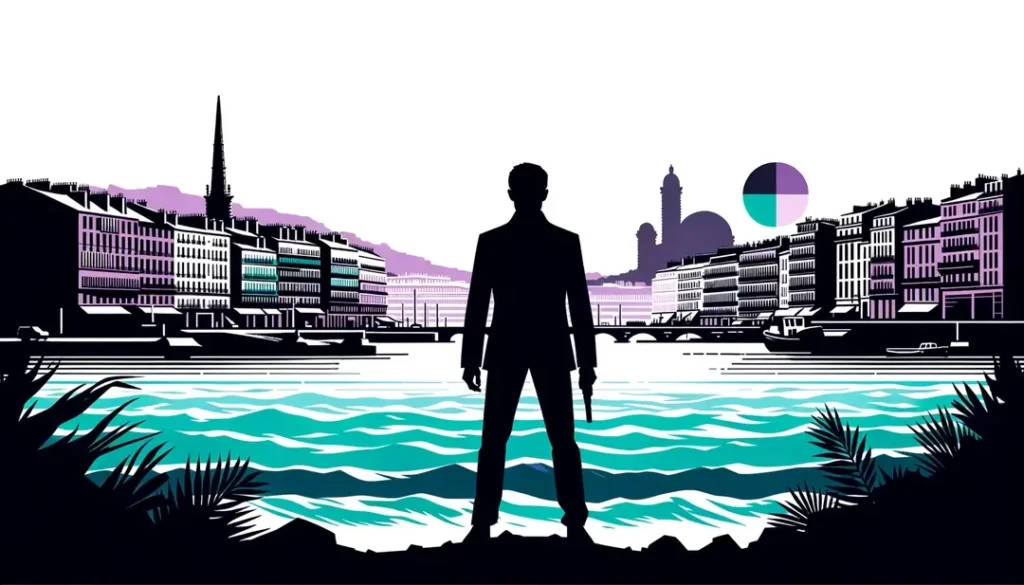 Ilustración minimalista de una figura en un paisaje urbano costero de Marsella