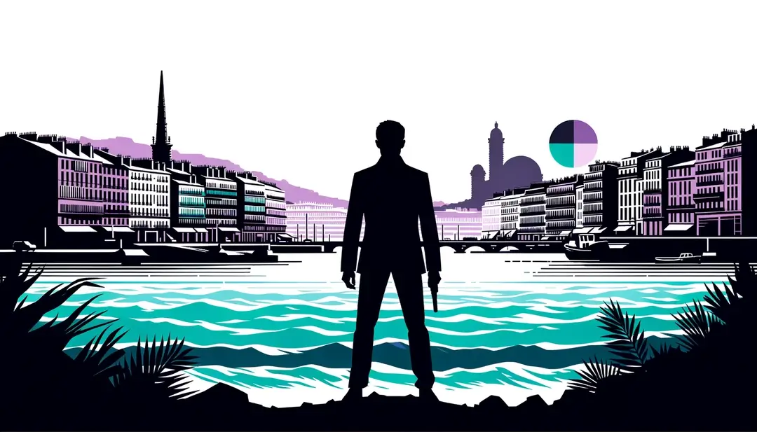 Ilustración minimalista de una figura en un paisaje urbano costero de Marsella