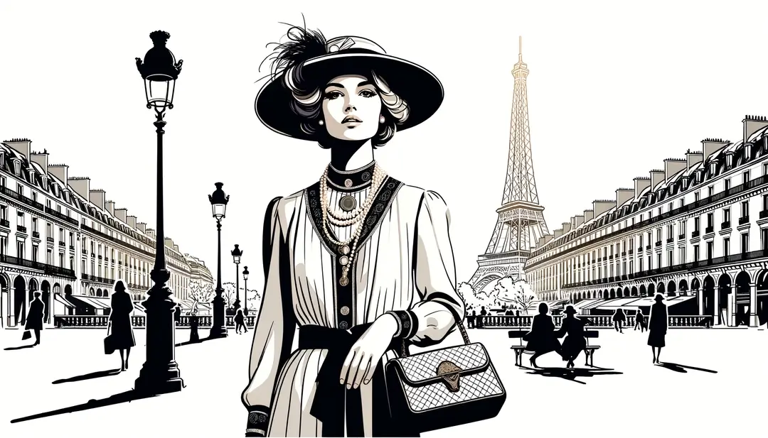 Ilustración minimalista de una mujer parisina de los años 20 con elementos de moda elegante en un fondo blanco