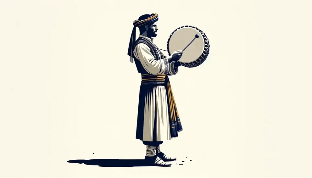 Músico provenzal en atuendo tradicional tocando un tambourin durante una fiesta cultural regional