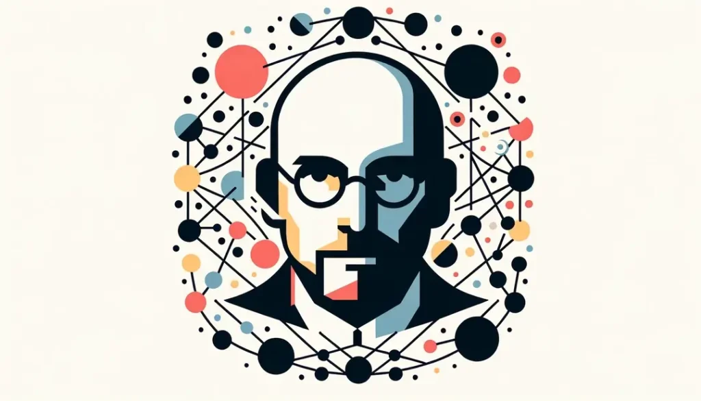 Michel Foucault rodeado de redes abstractas simbolizando disciplina y control
