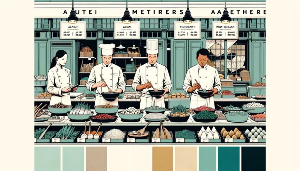 Ilustración minimalista de chefs de diferentes culturas preparando platos en un mercado parisino