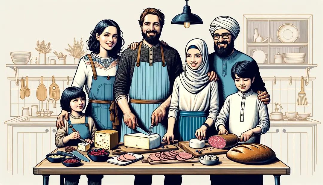 Familia en la cocina preparando charcutería artesanal
