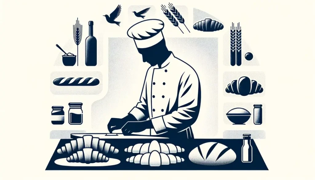 Un panadero francés en su pastelería tradicional trabajando con baguettes y croissants