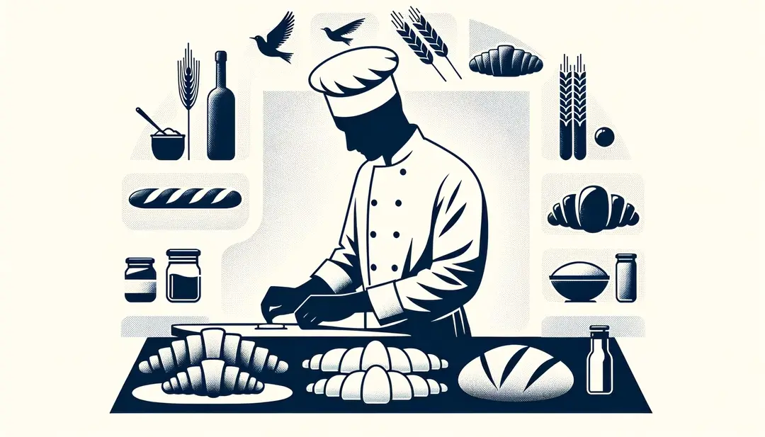 Un panadero francés en su pastelería tradicional trabajando con baguettes y croissants