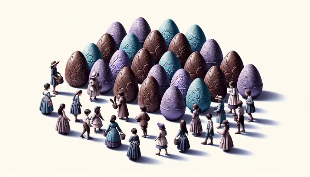Niños franceses disfrutando de una búsqueda de huevos de chocolate en un estilo minimalista